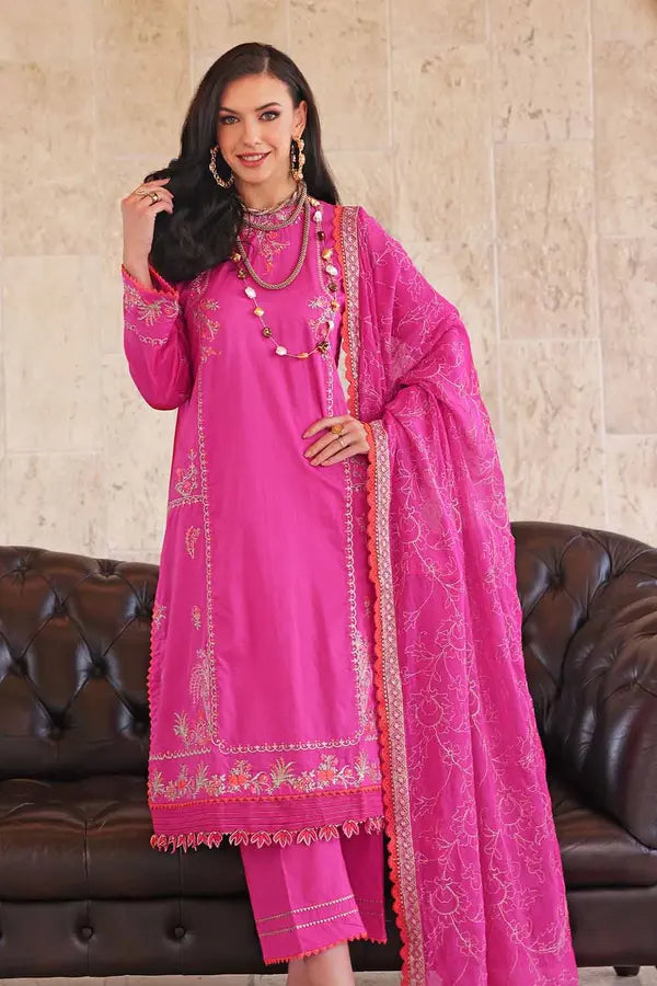 3PC Embroidered Lawn Unstitched Suit With Zari Embroidered Chiffon Dupatta