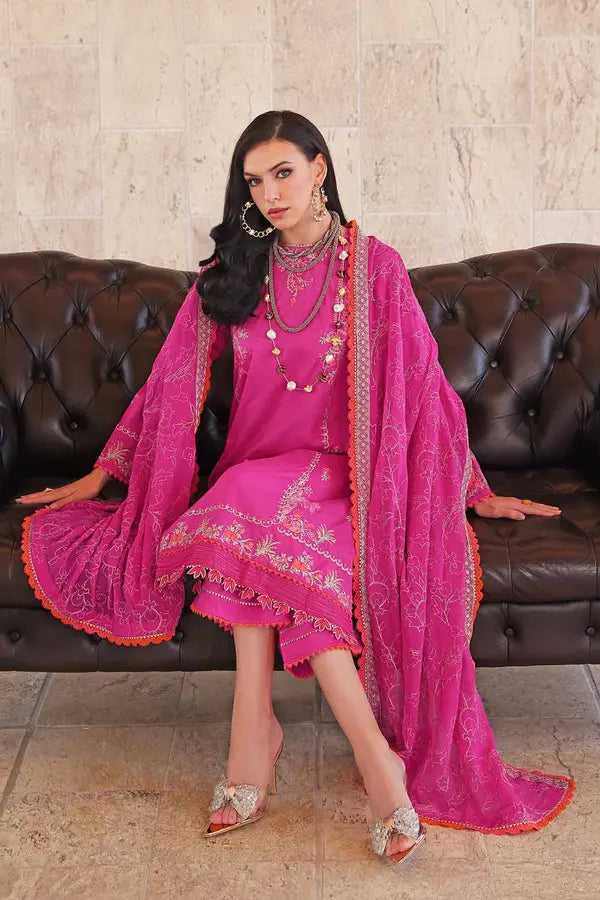 3PC Embroidered Lawn Unstitched Suit With Zari Embroidered Chiffon Dupatta