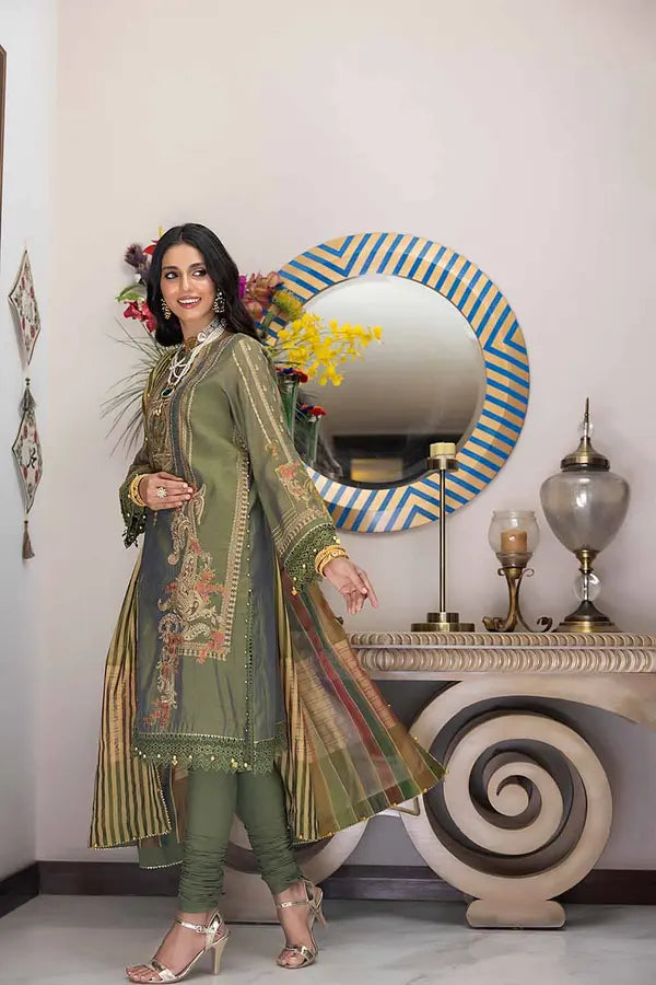 3PC Embroidered Mehsuri Unstitched Suit with Jacquard Dupatta