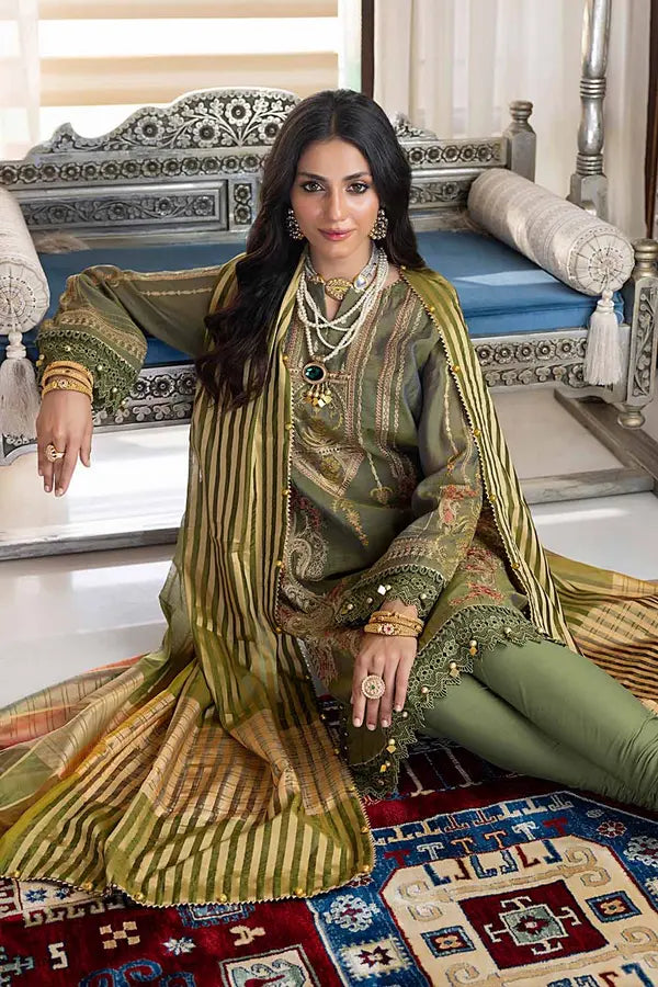 3PC Embroidered Mehsuri Unstitched Suit with Jacquard Dupatta