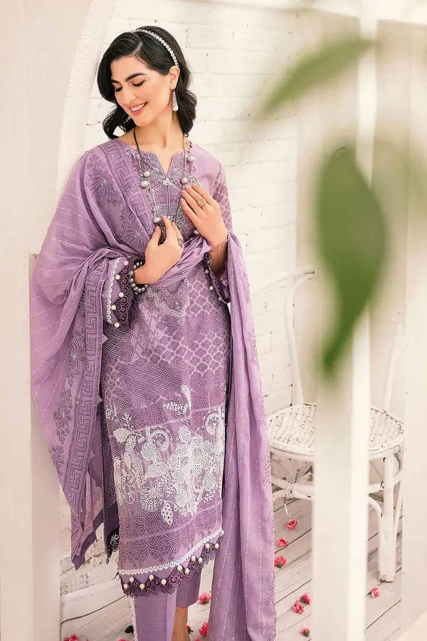 3PC Embroidered Lawn Unstitched Printed Suit With Embroidered Denting Lawn Dupatta