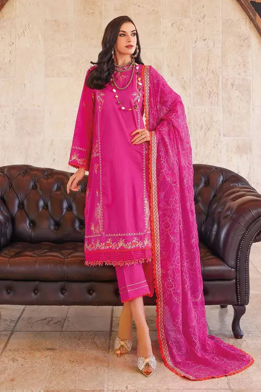 3PC Embroidered Lawn Unstitched Suit With Zari Embroidered Chiffon Dupatta