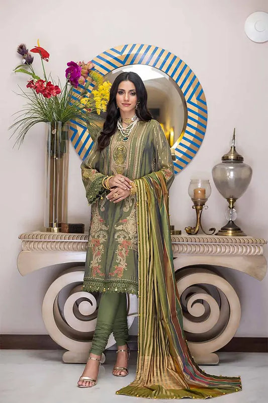 3PC Embroidered Mehsuri Unstitched Suit with Jacquard Dupatta